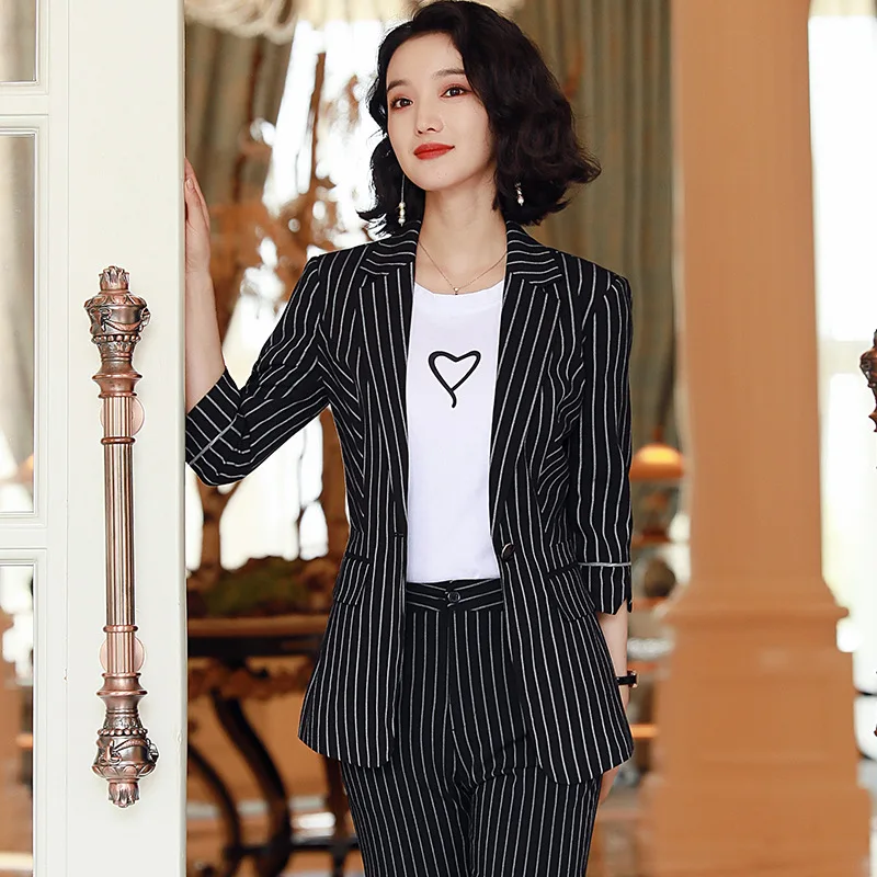 2020 Black Gray Female Elegant Stripes Women's Suit Set Blazer and Trouser Pant Business Uniform Clothing Office Lady Two Pieces