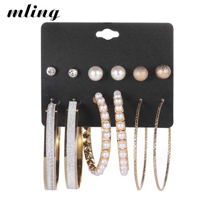 Punk 6 Pieces / Set Woman Exaggerated European and American Pearl Gold Large Circle Scrub Perforated Earring Set