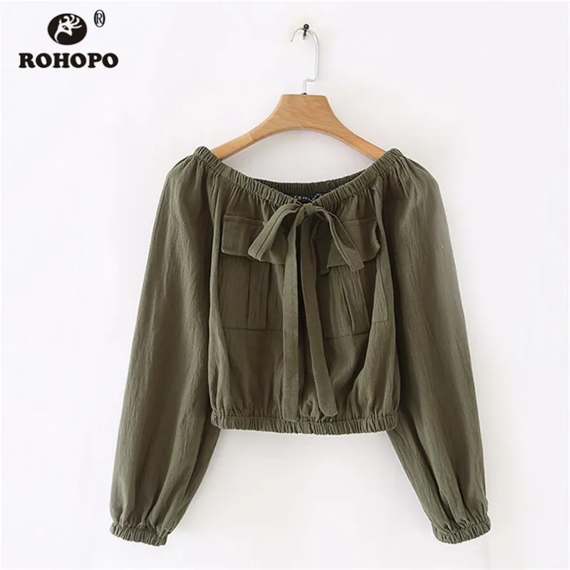

ROHOPO Off Shoulder Tie Collar Army Green Pullover Crop Blouse Pleated Solid Ladies Autumn Short Top Shirt #8944