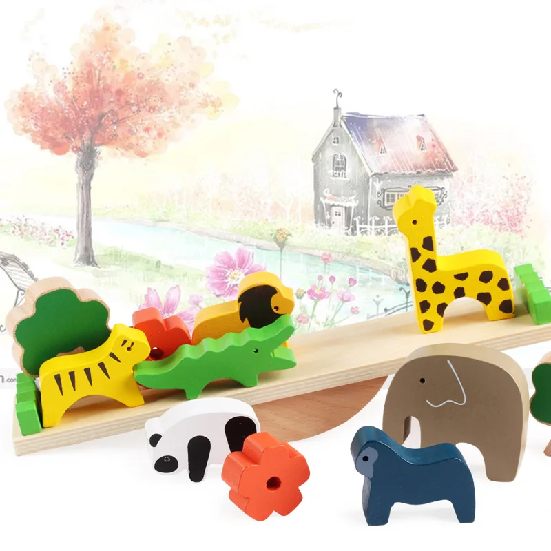 Baby & Toddler Toys Sorting, Nesting & Stacking toys Wooden puzzle animal seesaw balance stacking building blocks toy baby toys