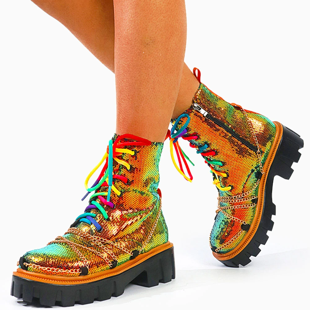 GIGIFOX Botas de moto con plataforma para mujer, botines góticos con lentejuelas multicolores, tacón grueso, cadenas de botas de combate Punk|Botas hasta el tobillo| - AliExpress