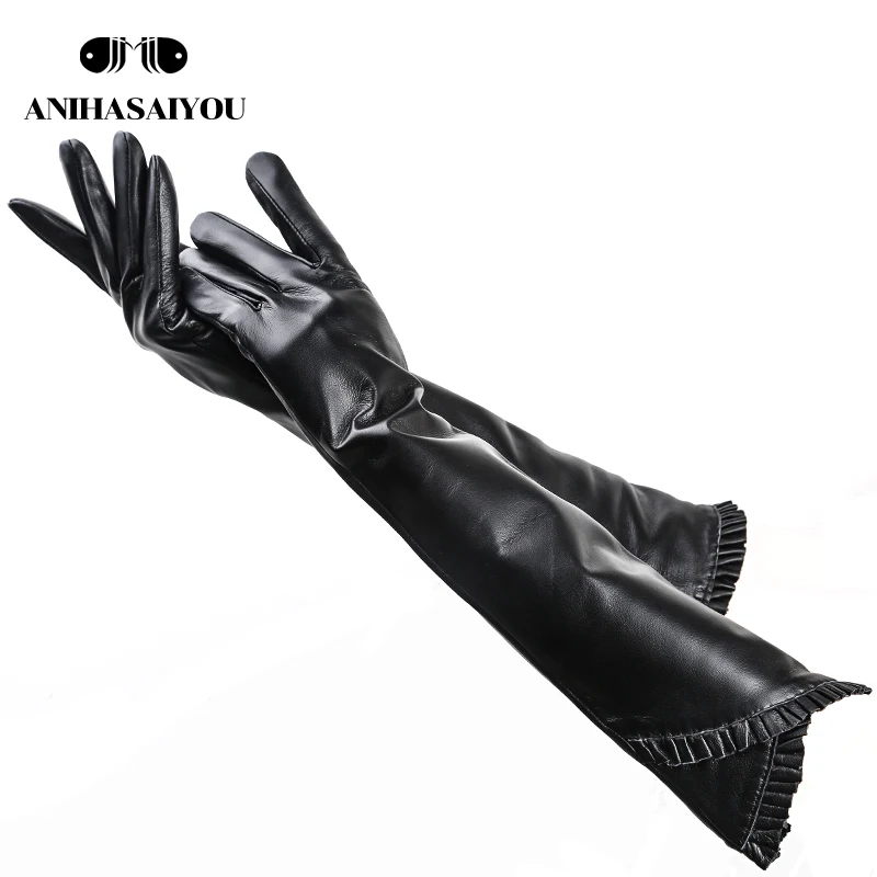 Женские длинные перчатки с перекрестным кружевом 50 см, черные женские кожаные перчатки, теплые женские зимние перчатки, женские перчатки для вождения-772