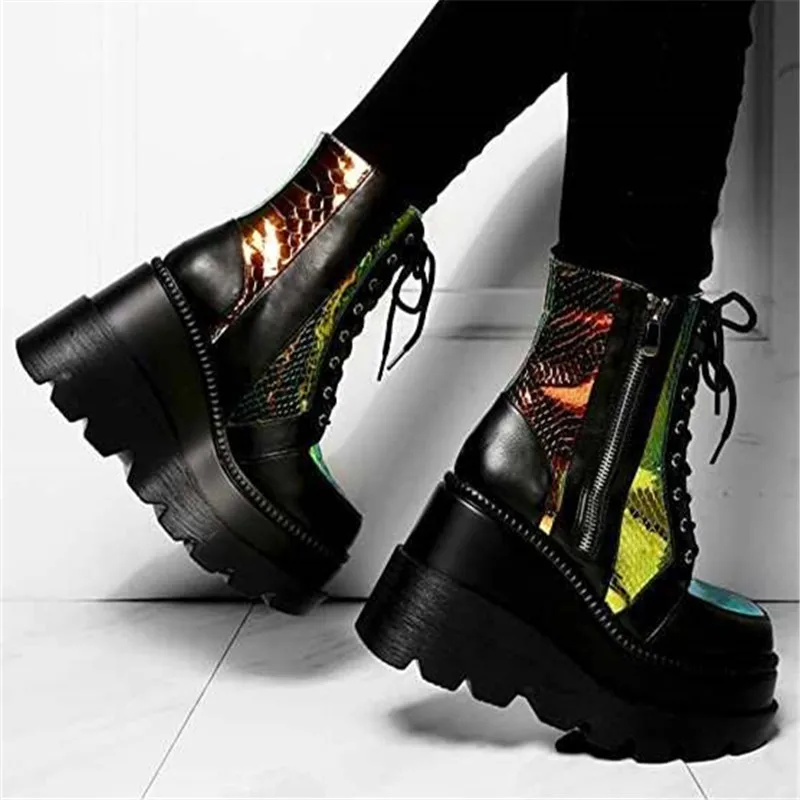 

Siddons Snake Print Platform Shoes For Women Winter Round Toe Cross-tied Side Zipper Design Fashion Ankle Boots Botas De Mujer