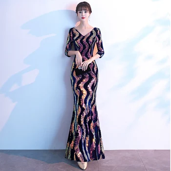 

AE640 Robe De Soiree New Style Luxury Half Sleeve Evening Dresses 2020 Real Photo Sequins V Neck Mermaid Party Gown