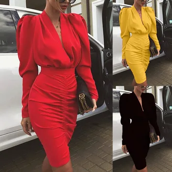 

Women Deep V Neckline Sexy Long Sleeve Fold Office Lady Dress for Female Autumn Irregular Package Hip Mini Party Dresses Vestido
