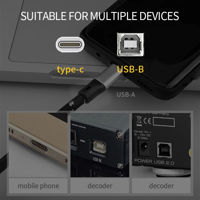 USB DAC Cable Type C to Type B HiFi Stereo 6N OFC Data Audio Digital Cable for Mobile Phone DAC
