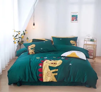 

постельное белье сатин，Small green dinosaur cartoon embroidery Egyptian cotton bedding set king duvet cover and pillow cases