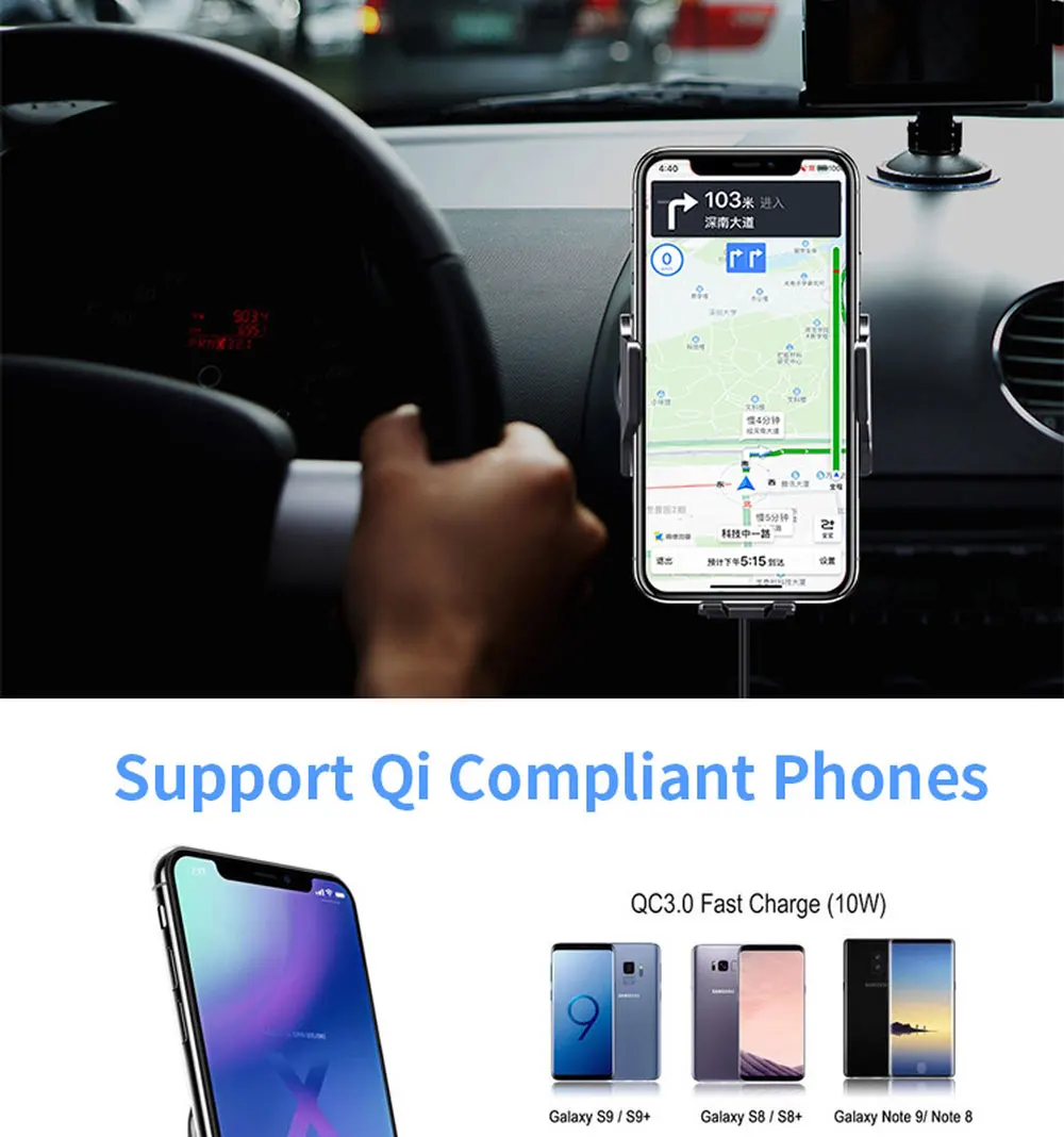 10W Qi Wireless Car Charger for IPhone Xs X Samsung S10 S9 Millet Fast Wireless Automatic Fastening Car Phone Charging Stand