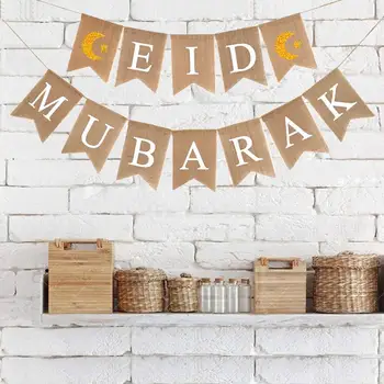 

Eid Mubarak Banner Muslims Ramadan Mubarak Decorations Linen Hanging Flag with Ropes Islam Home Decoration Party Supplies