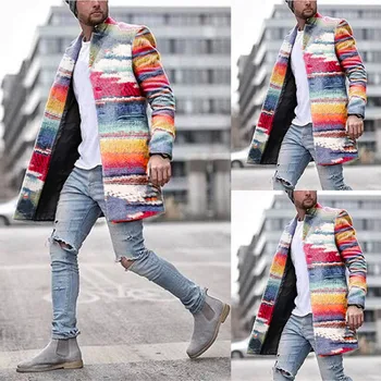 

Winter 2020 Men's Seven-color Rainbow Stripes Slim Long Single-breasted Woolen WindbreakerDropshipping fashion Season change