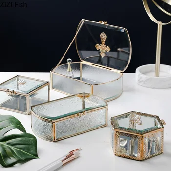 

Nordic Golden Metal Jewelry Box Ornaments Household Relief Glass Storage Decorative Boxes Skincare Jewelry Display Plates