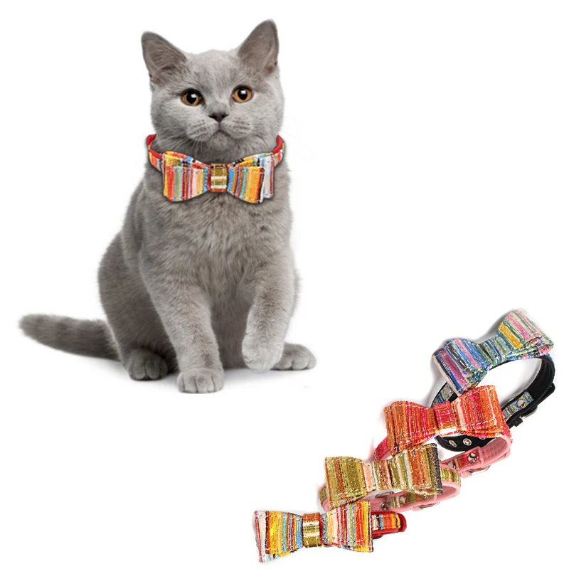 

Pet Cat Dog Collars Bow Tie Scarf For Big & Small Dog PU Collar Rose Gold Metal Buckle Stripe Collar Pet Accessories H1 x