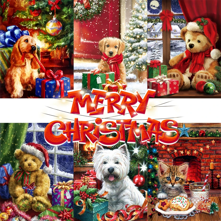 AMTMBS Рождество животных Собака живопись маслом Кот по номерам для фестиваля