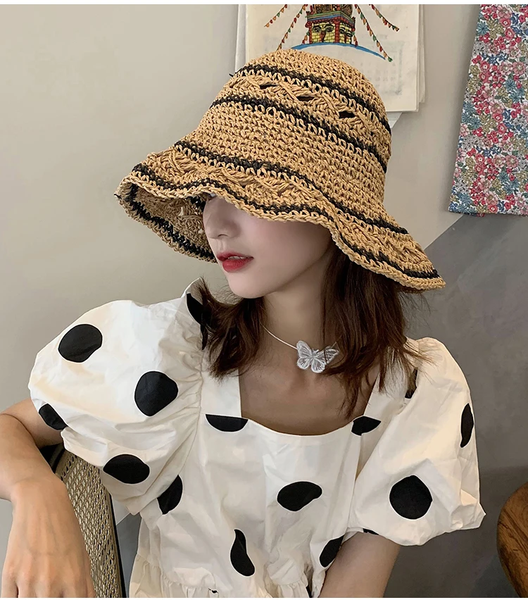 K135 Ladies straw hat  Woven  Hat Female  Wild Summer Sun Visor Straw Hat  Folding Sun Protection Big brim PanamaWomen New 2021 prada bucket hat