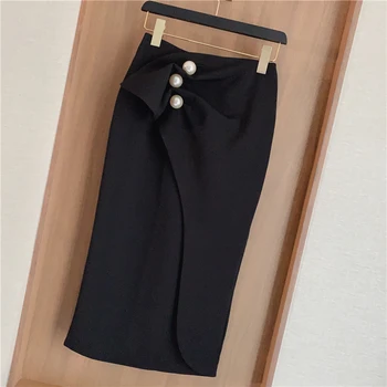 

2020 Spring New Large Pearl Buckle Elegant High Waist Suit Skirt Women Slim Mid Length Step Skirt Lady Black sexy Skirts Mujer
