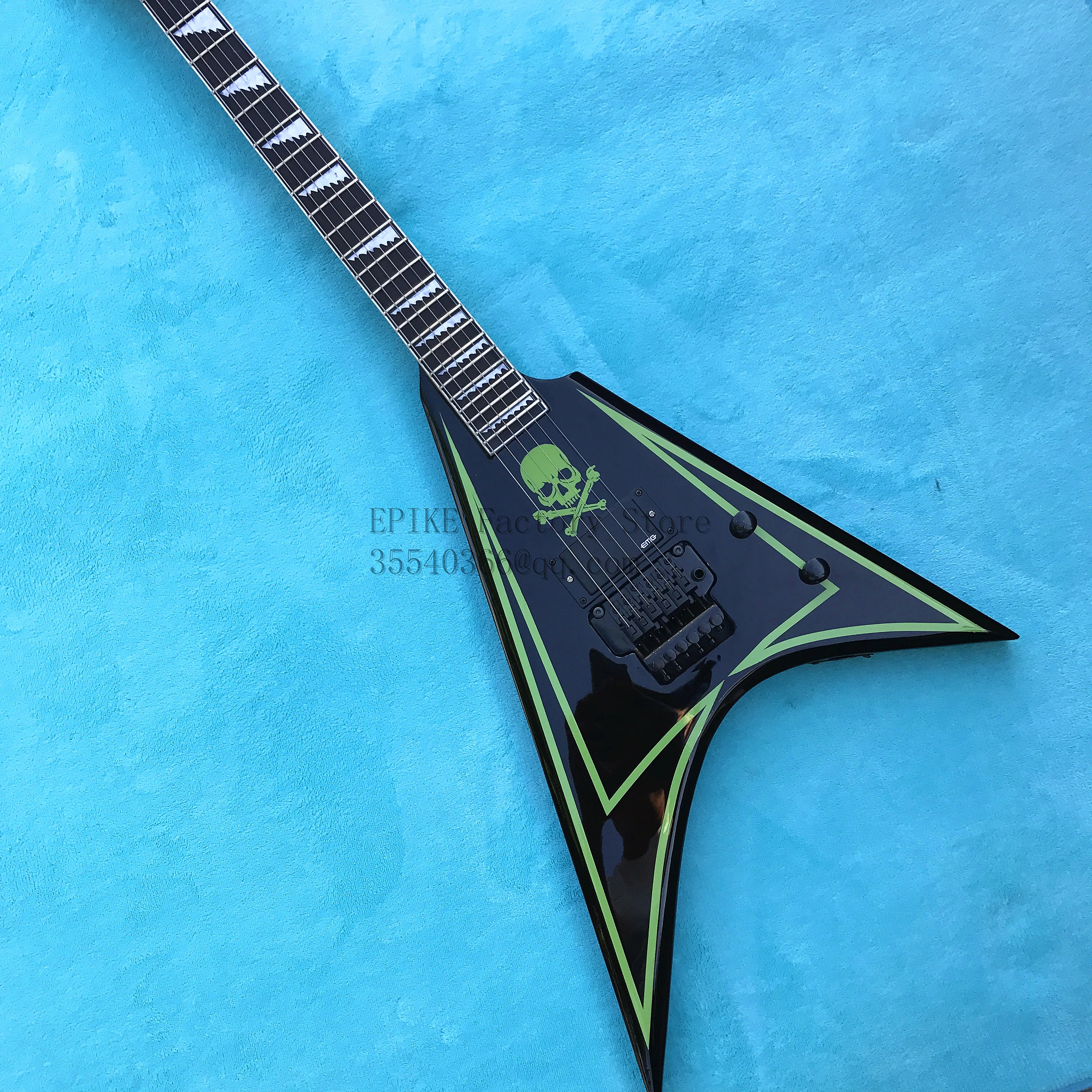 

2018 black skull E customized v-shaped electric guitar, factory store, color can be customized, free shipping