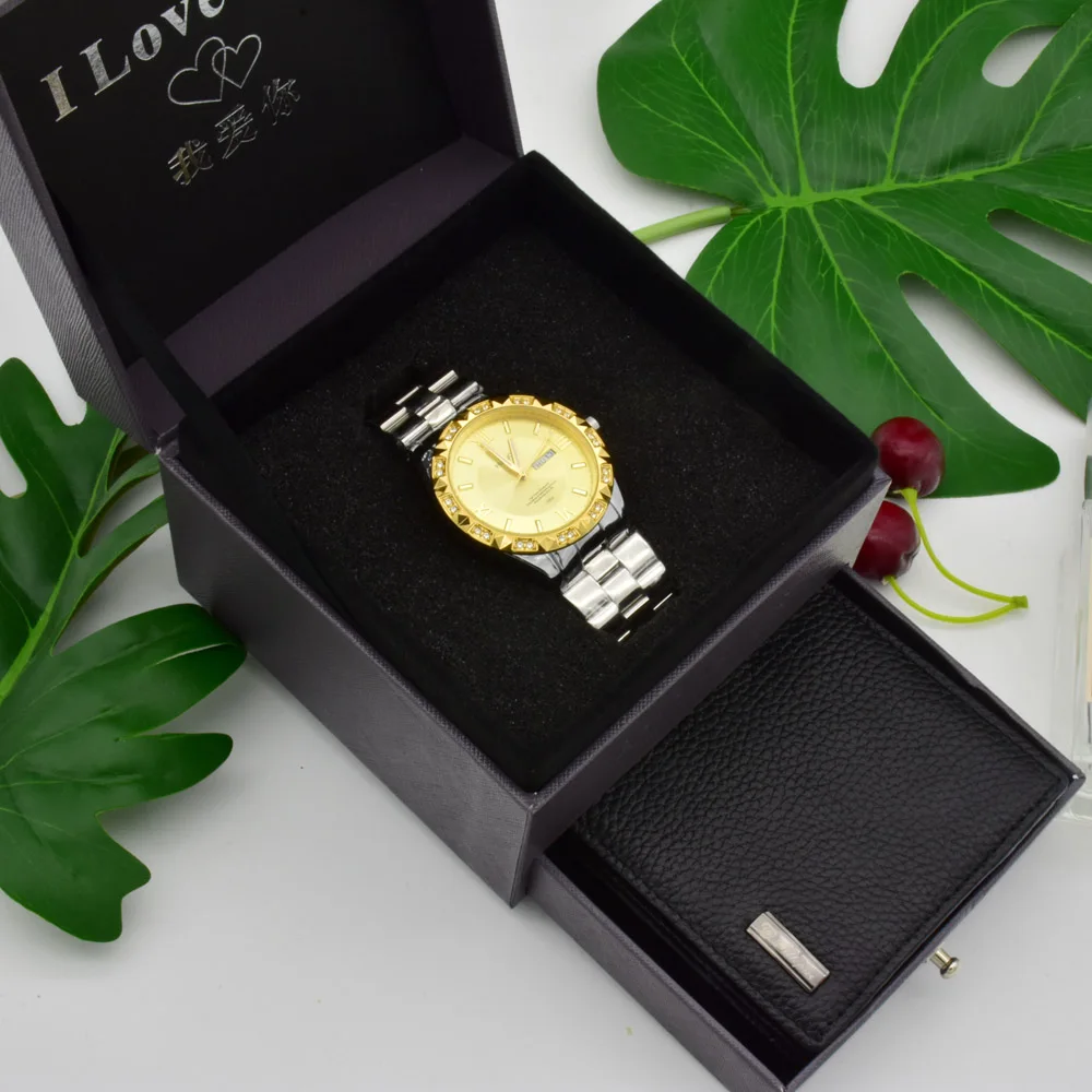 Gold Роскошные модные мужские часы в подарочной коробке, мужские кварцевые часы из нержавеющей стали с бриллиантами, часы с аналоговым дисплеем и датой, наручные часы - Цвет: Gold