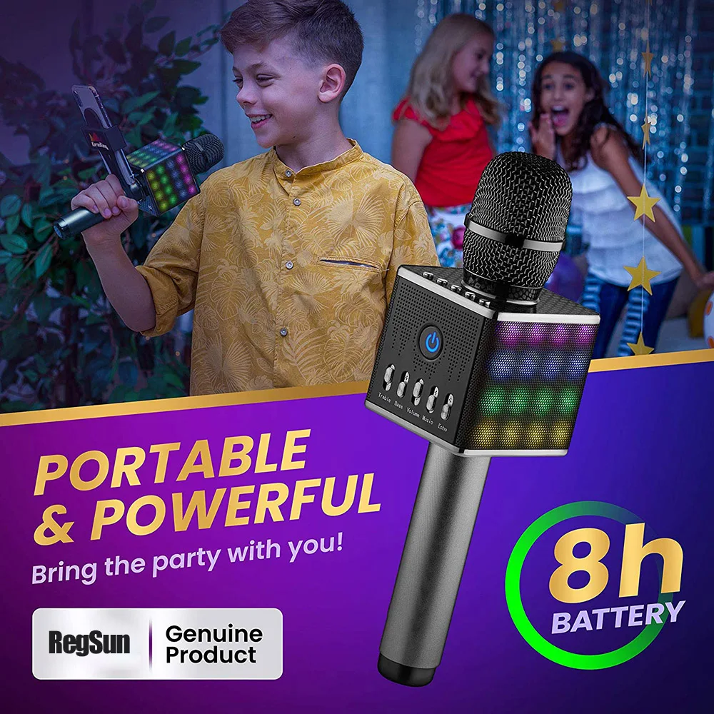 Портативный Беспроводной микрофон для караоке с диско светодиодный свет, ручной микрофон караоке Bluetooth колонки для вечерние пения, дети, дом, KTV