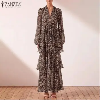 

Spring Casual Long Sleeve Vestidos ZANZEA Fashoin Print Ruffled Sundress Summer Women Sexy Leopard Party Maxi Dress Female Robe