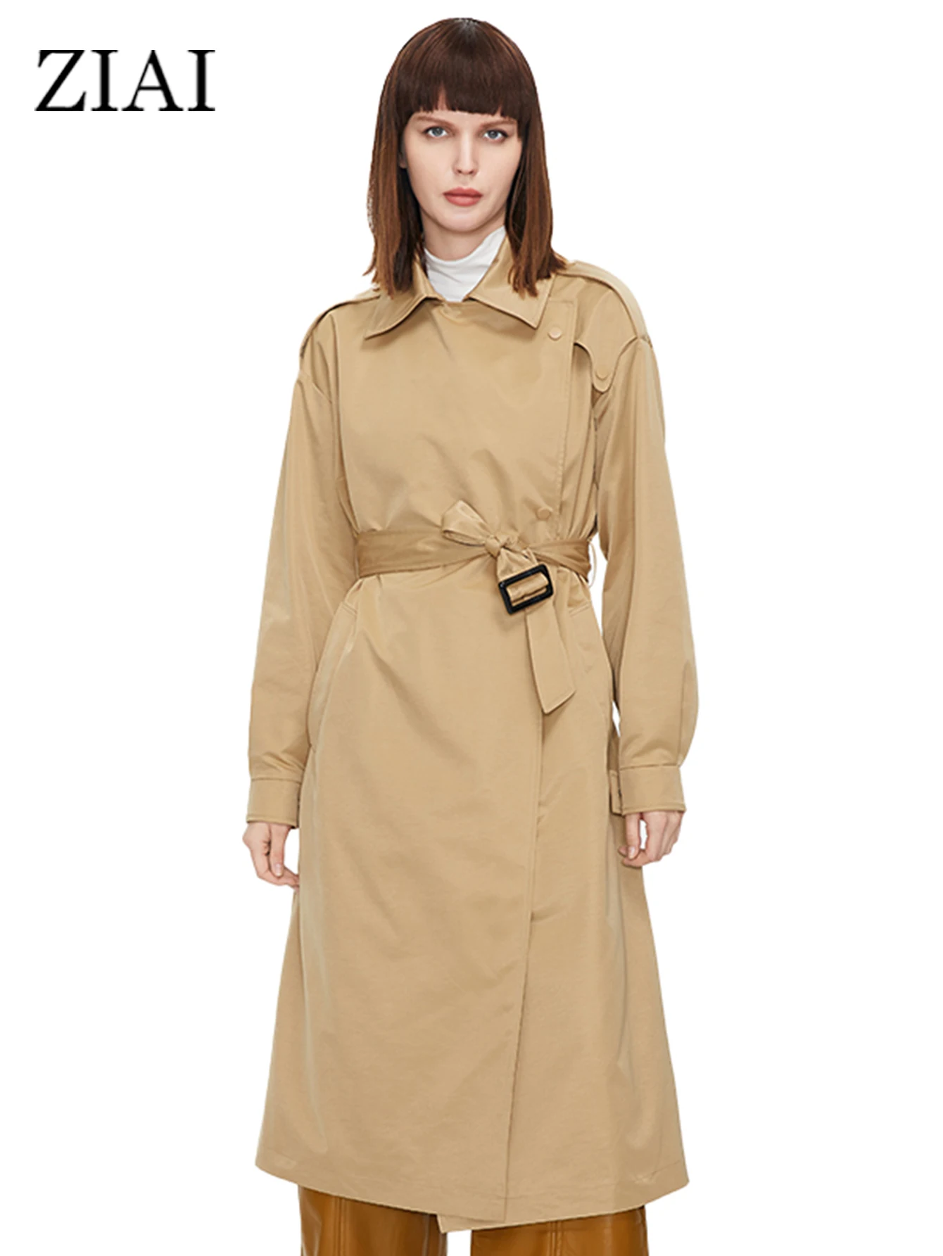 

Женский Осенний длинный тренчкот ZIAI 2022, женская модная ветровка с лацканами, поясом и скрытыми пуговицами, дождевик с драпировкой, женский плащ