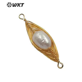 

WT-JP210 WKT handmake gold wire wrapped white pearl beads connectors fashion jewelry finding makings connectors in double loops