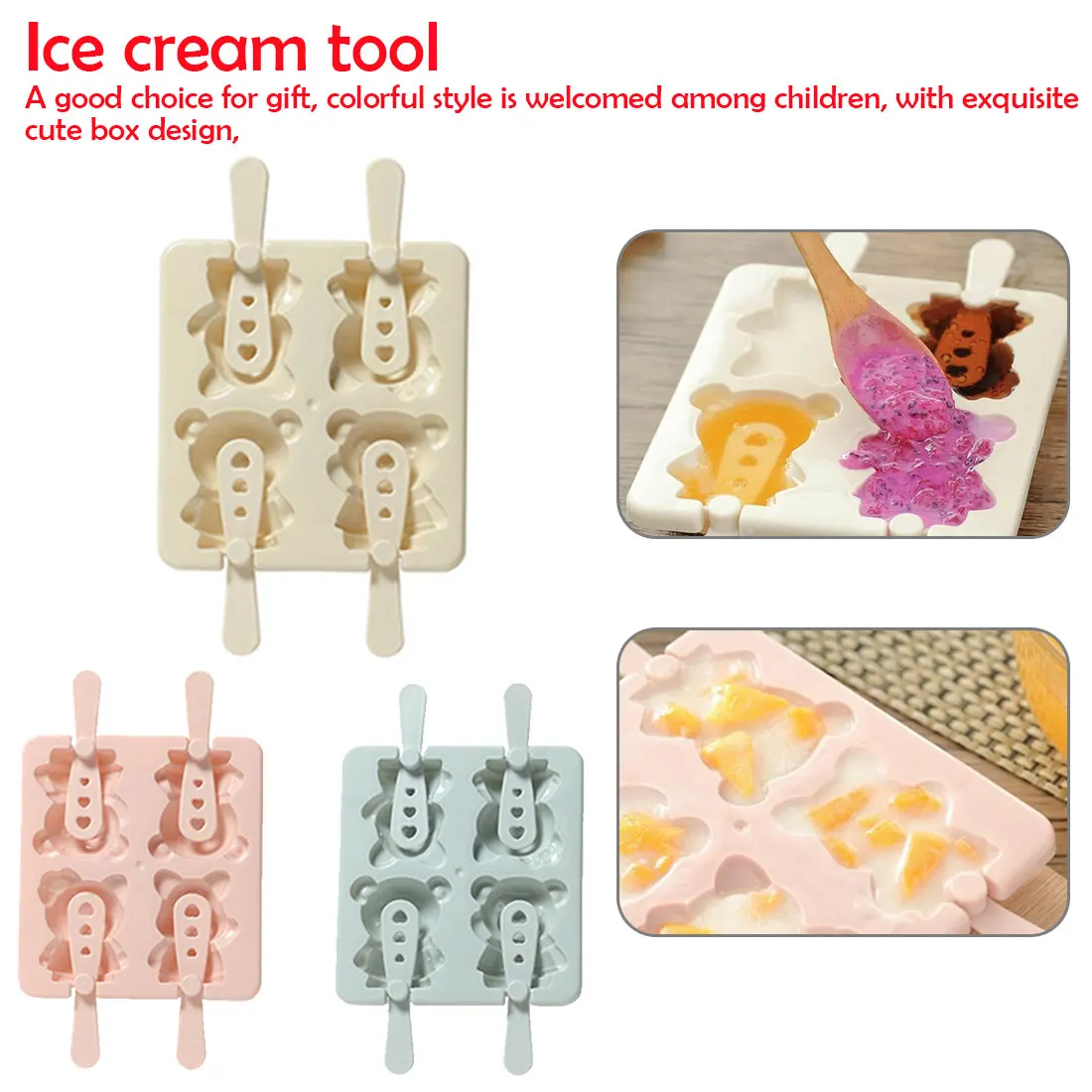 

Kitchen DIY Tools Ice Cream Ice box Cute Cartoon Mold 4-hole Bear Pattern Ice Tray Tubs Popsicle Maker