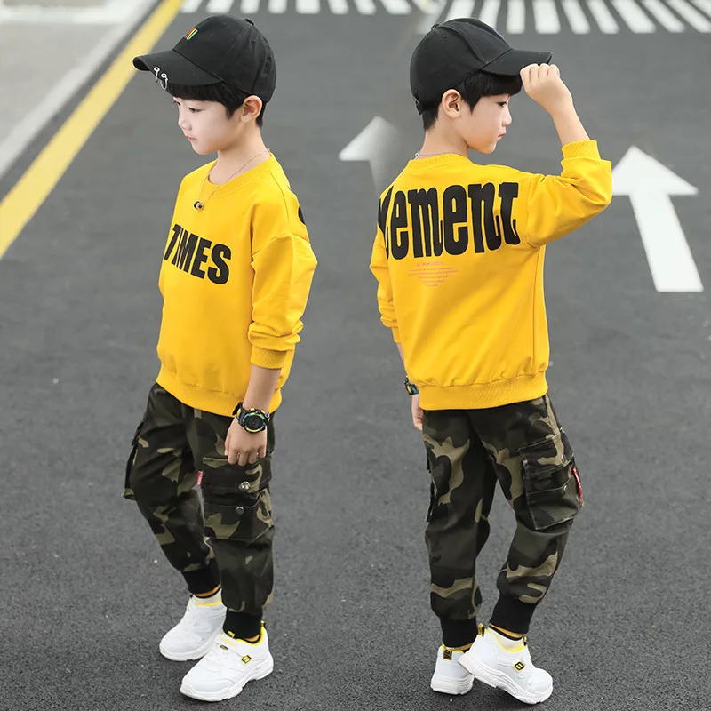 

2019 Autumn New Style Childrenswear Fashion Middle And Large BOY'S Lettered Casual Sweatshirt Camouflage Bib Overall Fashion-Sty