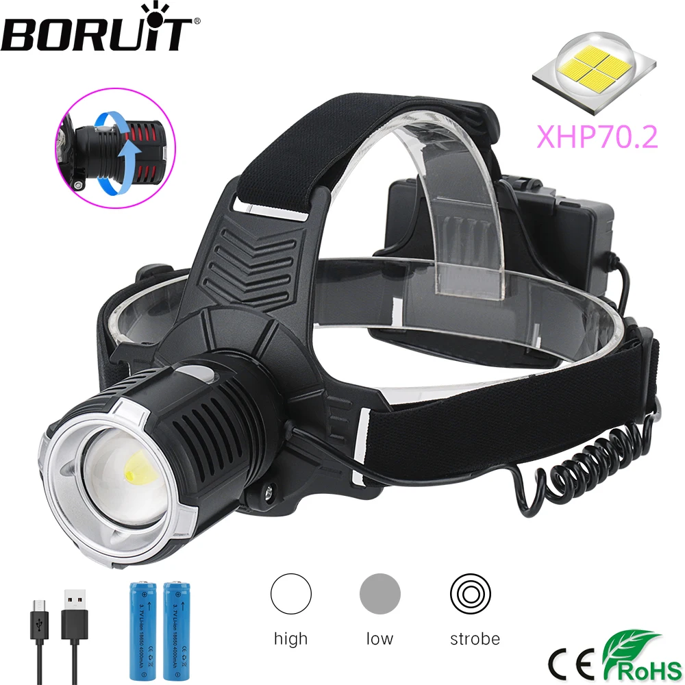 

BORUiT 4000LM XHP70.2 LED Headlamp 3-Mode Zoom Headlight USB Rechargeable Head Torch Camping Hunting Flashlight 18650 Battery