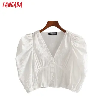 

Tangada women French style cotton white shirts puff sleeve v neck buttons young ladies casual blouses 3H462