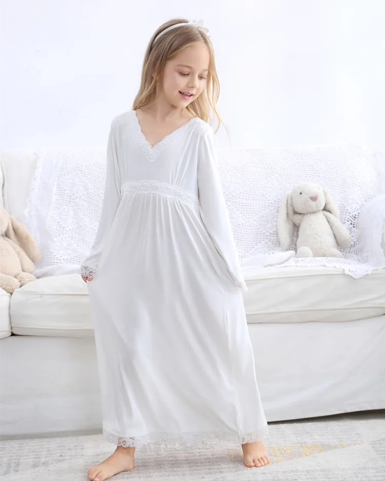 Весенне-осенняя хлопковая ночная рубашка для девочек; теплая кружевная длинная ночная рубашка; детская одежда для сна с длинными рукавами в стиле принцессы; однотонные ночные рубашки