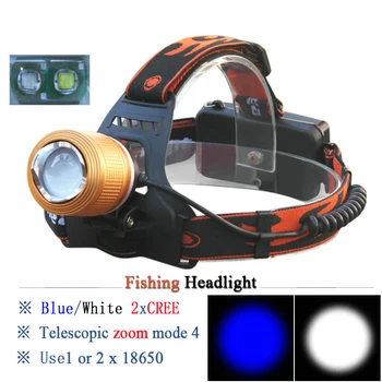 

Fishhing light led headlamp xml t6 head light dual light source white blue fishing waterproof headlight 18650 headlamp hoofdlamp