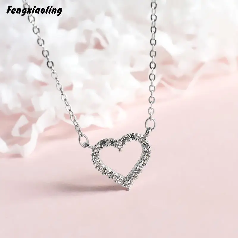 

Fengxiaoling New Hot 100% Genuine 925 Sterling Silver Multiple Zircons Heart Pendant Necklaces For Women Fashion Party Jewelry