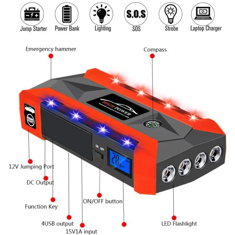 12V 4USB высокое Мощность автомобиля Батарея Зарядное устройство запуска автомобиля Перейти темы Booster Мощность банка комплект для авто пусковое устройство инструменты