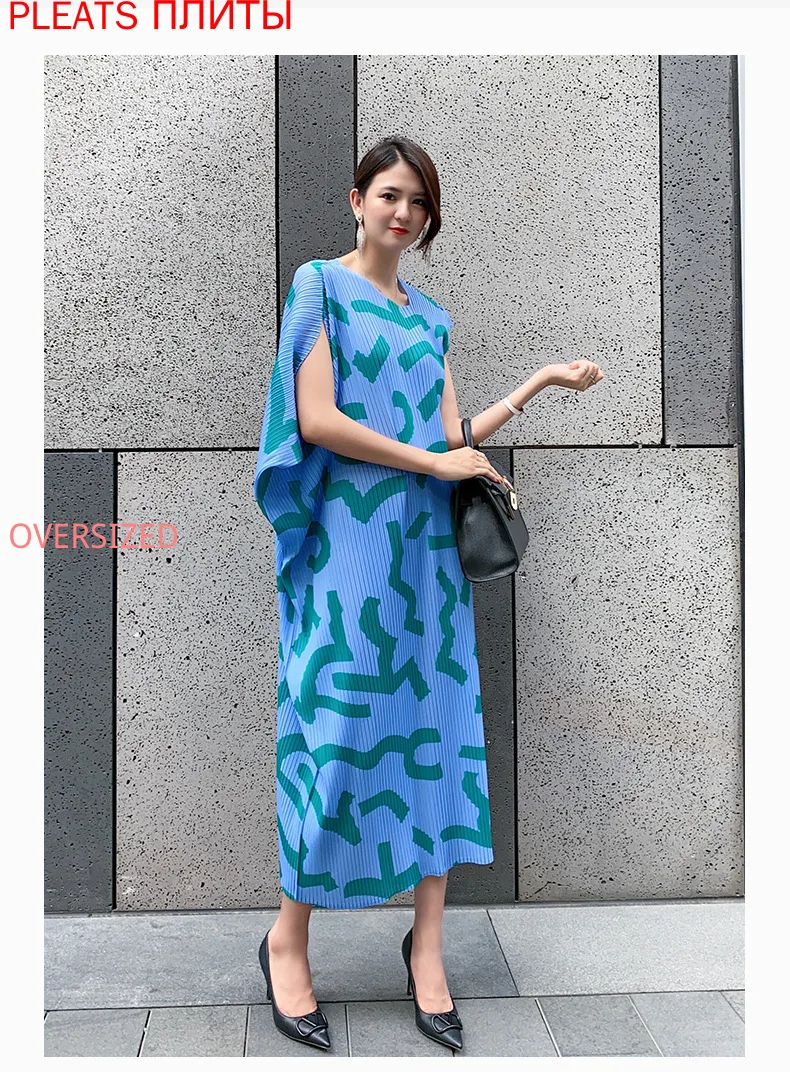 

MIYAKE-Mid-length Dress, Loose Print, Irregular Dress, Sexy Sloping Shoulder, Casual Temperament, Spring and Summer