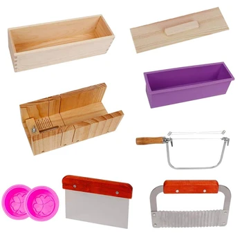 

9PCS Silicone Soap Molds Kit Rectangular Wooden Silicone Soap Mold Cutter SlicerHandmade Soap DIY for Soap Cake Making