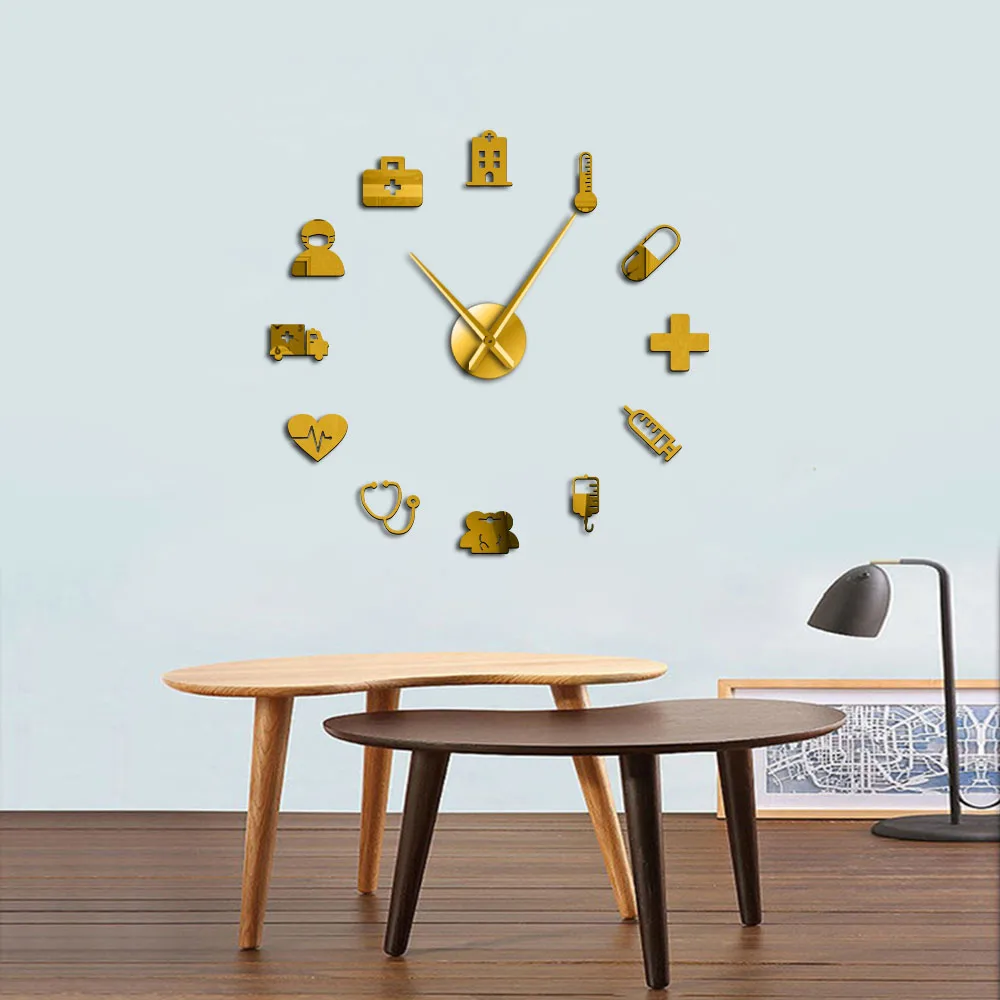 Medicine Heath Care Ambulance Large Wall Clock DIY Acrylic Mirror Wall Stickers Medical Art Hospital Clinic Decor Art Clock
