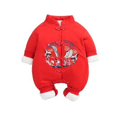 Зимний костюм в стиле династии Тан с вышивкой журавля; одежда для малышей; флисовый комбинезон для мальчиков и девочек; красная одежда для альпинизма