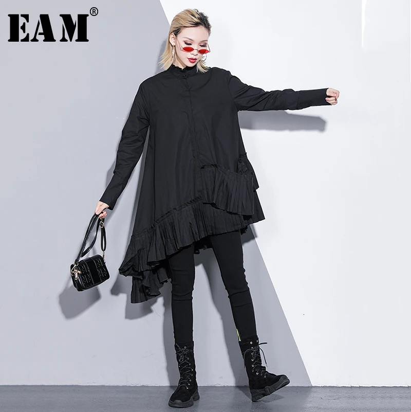 

[EAM] Women Asymmetrical Ruffles Pleated Blouse New Stand Collar Long Sleeve Loose Fit Shirt Fashion Spring Autumn 2020 1M825