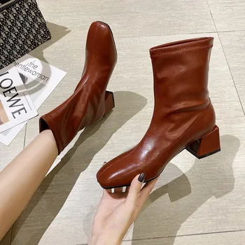 

British Style Booties Woman High Heeled Ankle Short Boots Women Autumn Shoes Square toe Female Footware Back Zipper Brown Beige