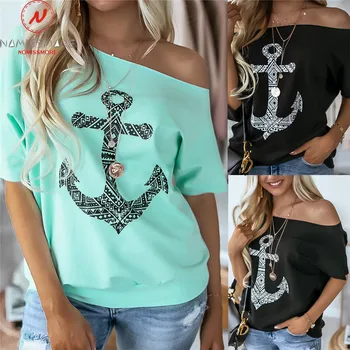 

Fashion Women Summer Casual Loose T-Shirts for Streetwear Patchwork Design O-Neck Short Sleeve Anchor Print Lady Pullovers Top