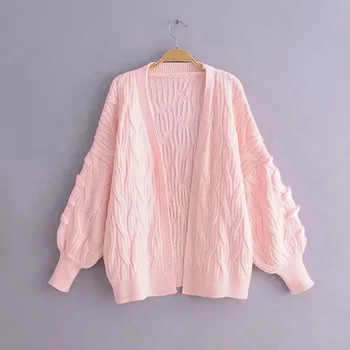 

Women's Autumn 2019 New Loose Cardigan Pink Twist Sweater
