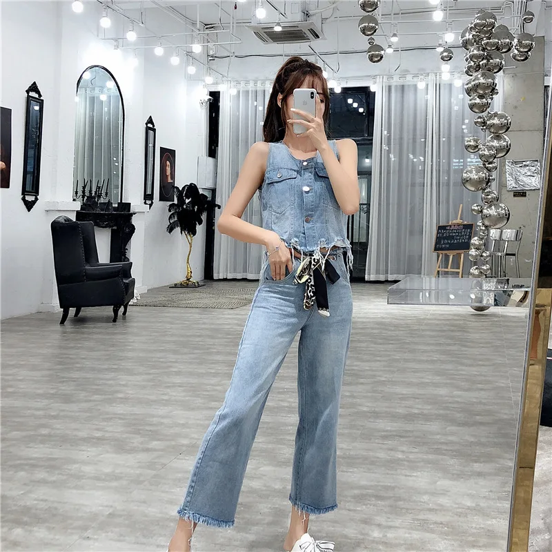 

Photo Shoot ~ Elegant Cowboy WOMEN'S Suit Sleeveless with Holes Denim Waistcoat High-waisted Loose Pants with Belt