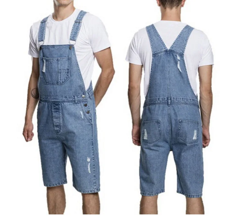 Men Denim Bib Overalls Shorts Ripped Jeans Jumpsuits Sleeveless Male Casual Working Protective Uniforms Summer Black Blue Safe (1)