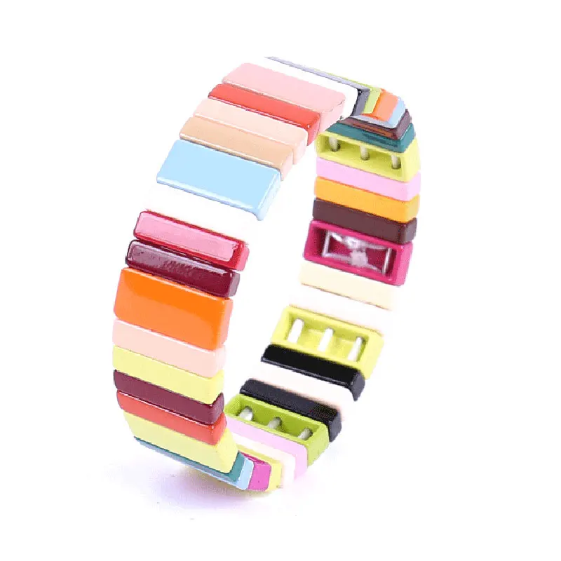 

ELEGANCE 11 Alloy Bangles Colorful Elastic Stretch Armband Bracelet Painted Metal Cuff Enamel Square Beads Couple Bracelets