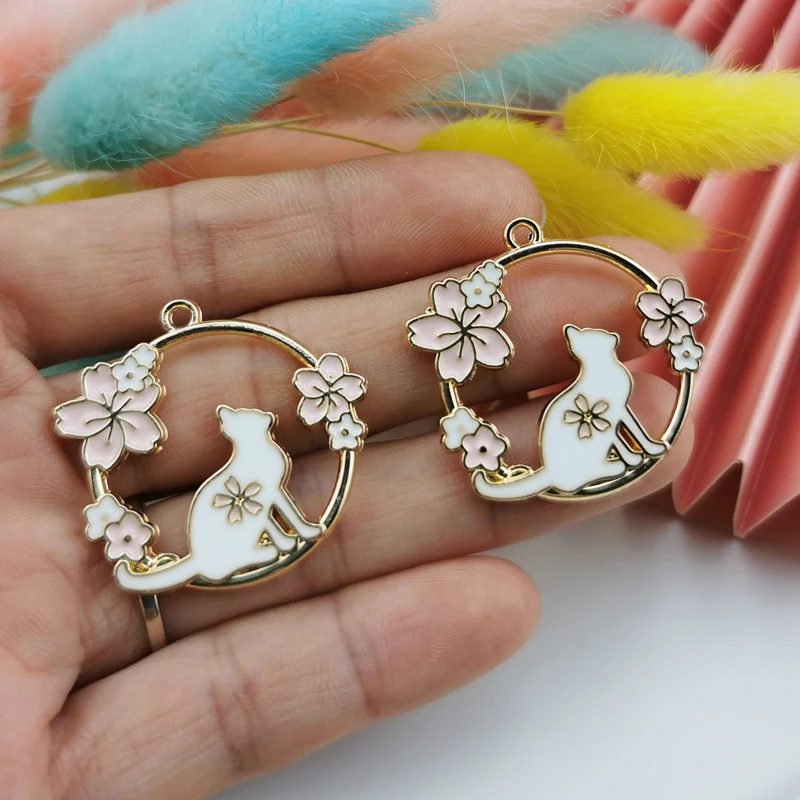 

10Pcs/Set Lovely Flowers Cat Enamel Animal Charms Pendant For Metal Earrings Bracelet DIY Jewelry Making