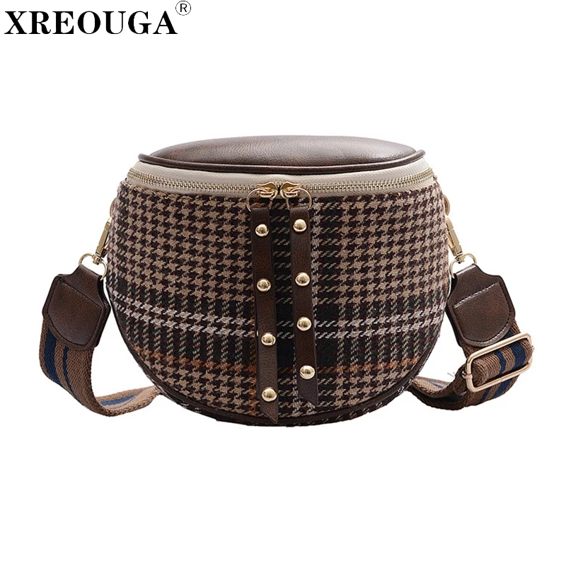 

Retro Houndstooth Wide Strap Saddle Bag For Women New Autumn Wool Rivet Zipper Crossbody Shoulder Bag Lady Plaid Sac A Main