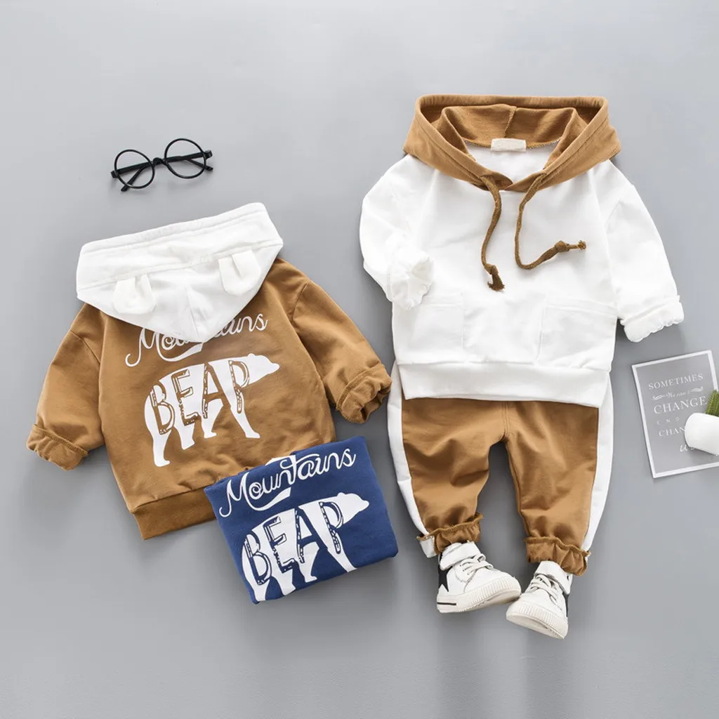 

Toddler Kids Boys Girls Bear Print Hooded Pullover T-shirt Tops+Pants Outfit Baby Boy Clothes Children Clothes Roupa Infantil