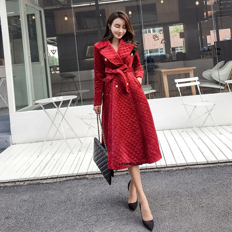 Ветровка женская винтажная длинная Вельветовая с поясом F126 2020|Плащи и тренчи| |