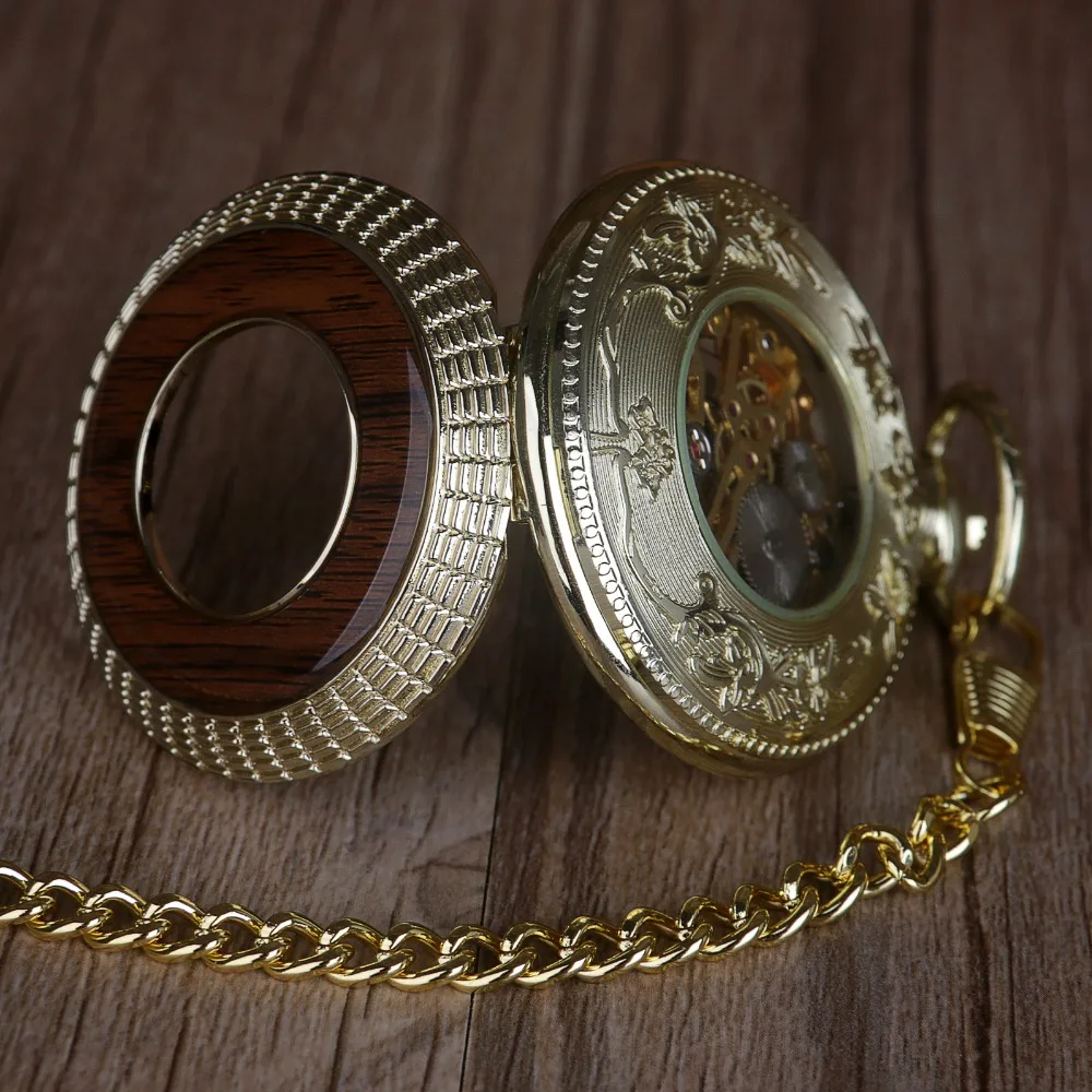 Винтажные Механические карманные часы из цельного дерева, брелок с цепочкой, полый стимпанк, карманные часы, мужские, женские, мужские часы