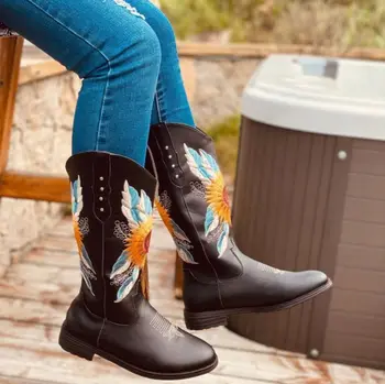 

Boots Women's 2020 Autumn New Women's Shoes Plus Size Knight Boots Round Toe Mid-tube Embroidered PU Women's Boots